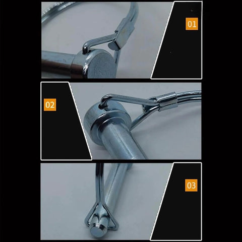 Close-up views of Ten Pack One Quarter By Four Inch Trailer Coupler Pin Set Heavy Duty Locking Towing Pin Safety Pin in silver.
