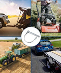 Ten Pack One Quarter By Four Inch Trailer Coupler Pin Set Heavy Duty Locking Towing Pin Safety Pin For Trailers Lawn And Garden Equipment Farm Wagons Silver, showing various towing applications including a SUV, lawn mower, tractor, and trailer.