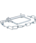 Trailer Coupler Pin With Twelve Inch Chain Five Sixteenth Inch Diameter Three Inch Length Clear Zinc Plated Steel Safety Pin For Trailer Hitches Versatile Pin For Couplers Jacks Pintle Hooks And More, shown in close-up, zinc-plated steel