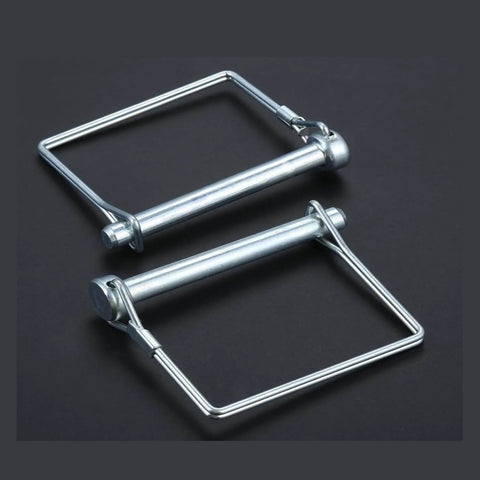Alt Tag: Two carbon steel wire lock pins on black background, part of 8 Pack Trailer Coupler Pins Three Eighths By Two And Three Quarters Inch Heavy Duty Wire Lock Pins For Trailers, RVs, Boats, Farm Equipment Built Tough For Towing With Hitch Pin And PTO Shaft Locking Pin.