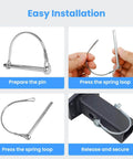Four Pack Trailer Coupler Pins One Quarter Inch By Three Point Two Inch Heavy Duty Hitch Safety Pins With Lock Zinc Plated Steel Rust Resistant For Farm Lawn And Utility Trailers Secure Hitch Attachments Easy To Install shown in installation steps