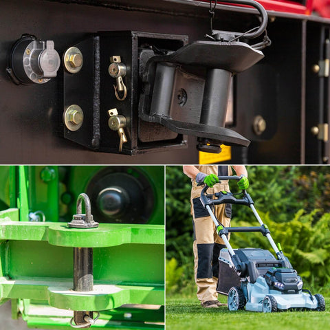 Two Pack Three Eighths Inch Diameter Trailer Coupler Pins, Two Inch Long Locking Pins For Farm Trailers Wagons Lawn Hitches And Garden Towing, Heavy Duty Zinc Plated Carbon Steel Construction, Durable Corrosion Resistant, Secure Quick Connect Pins in use with a lawn mower.