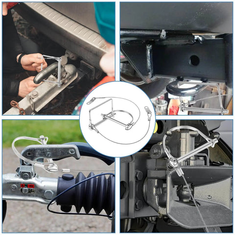 Close-up of 20 Pack Trailer Coupler Pins with Steel Quick Release Rings, installed on various hitches, heavy-duty safety pins.