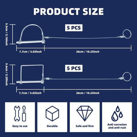 Diagram showing sizes of 10 Pack Trailer Coupler Pins 1/4 Inch Diameter And 2 3/4 Inch Length With Quick Release Ring for towing