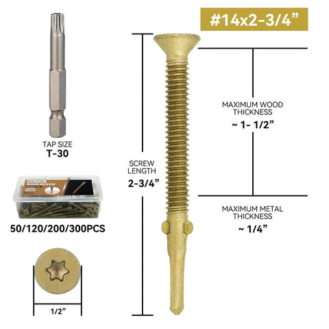 300 Piece Heavy Duty Trailer Deck Screws Set Size 14 X 2-3/4 Inch Torx T30 Self-Tapping Wood To Metal Fasteners with reamer tip