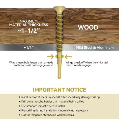 Illustration of a wood-to-metal screw with reamer tip showing material thickness for use in trailers and docks.