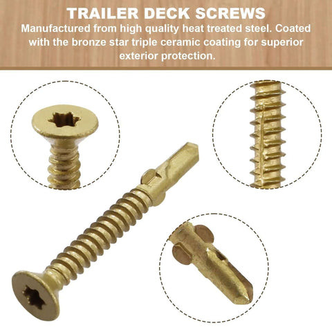 Number Ten By One And Five Eighth Inch Reamer Tek Torx Star Head Self Drilling Screws For Wood To Metal Fastening In Trailers And Flatbeds Heavy Duty Bronze Star Triple Coated With T25 Drive 130 Count displayed with features.