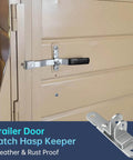 Cargo Trailer Door Hasp Keeper Bar Lock Handle For Enclosed Car Hauler Ramp Gates Cam Latch Lock With Screws Nut Weatherproof Rust Resistant Heavy Duty Steel Construction installed on door.