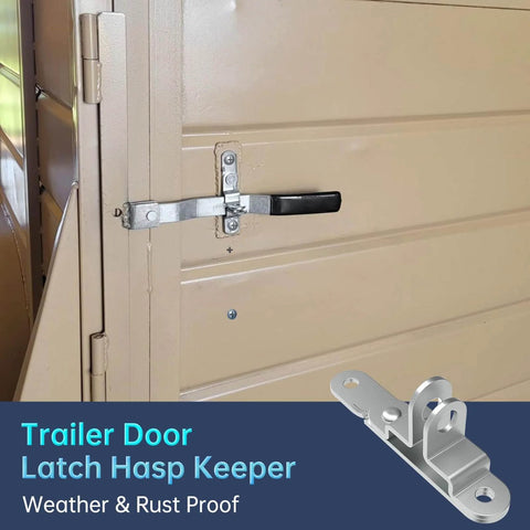 Cargo Trailer Door Hasp Keeper Bar Lock Handle For Enclosed Car Hauler Ramp Gates Cam Latch Lock With Screws Nut Weatherproof Rust Resistant Heavy Duty Steel Construction installed on door.