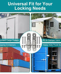 Sturdy 14-gauge steel trailer door hasp with corrosion-resistant galvanization and 304 stainless bolts, shown on cargo and container doors.