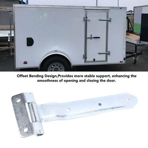 12 Inch Trailer Door Strap Hinge With Offset Bent Design, installed on side door of an enclosed cargo trailer, highlighting durability and fit.
