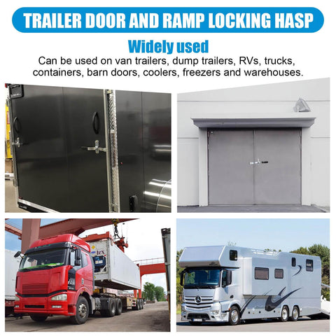 Cam Action Hasp Lock Assembly For Trailer Doors And Enclosed Car Hauler Latches With Keeper For Cargo Trailers Ramp Doors And Padlock Race Bar Handle Secure Latch System used on various vehicles and doors.