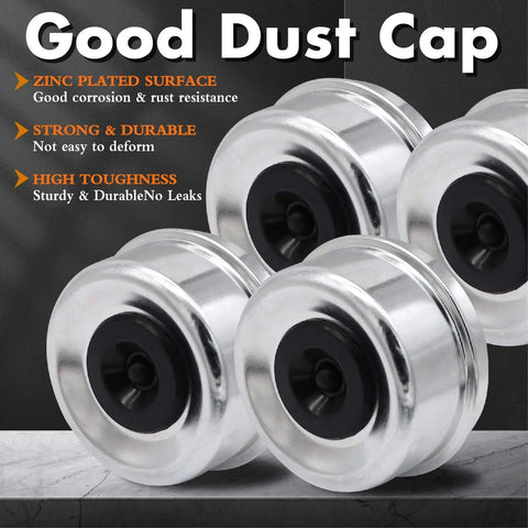 Close-up of zinc plated dust caps from Trailer Bearing Kit For D42 Spindle Fits 1.25 Inch And 1.75 Inch Tandem Axles 5200 To 6000 Lb Four Sets Hub Kit With 2.72 Inch Dust Covers Double Lip Seals Spindle Nuts And Complete Inner And Outer Bearings.
