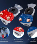 Close-up of glad hands with DOT fittings in red and blue, part of the Fifteen Foot Air Line Hose Assembly With One Half Inch NPT Swivel Fittings Heavy Duty Power Hose Set With Spring Guard Grips Dot Fittings On Both Ends And Glad Hands For Semi Truck Tractor Trailer.