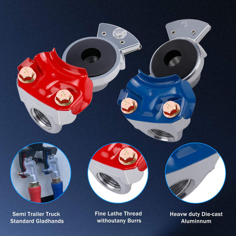 Close-up of glad hands with DOT fittings in red and blue, part of the Fifteen Foot Air Line Hose Assembly With One Half Inch NPT Swivel Fittings Heavy Duty Power Hose Set With Spring Guard Grips Dot Fittings On Both Ends And Glad Hands For Semi Truck Tractor Trailer.