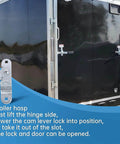 Durable door latch keeper for enclosed trailers on black trailer with galvanized finish, fits standard padlocks and race bar locks