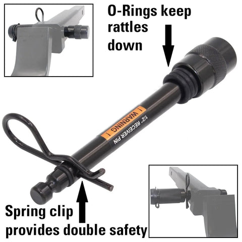 Keyed Half Inch Trailer Hitch Lock With Three And A Quarter Inch Span For Class I And II Hitches Double Safety Receiver Pin With Spring Clip For Extra Security No Nonsense Locking And Peace Of Mind shown with spring clip and O-rings.