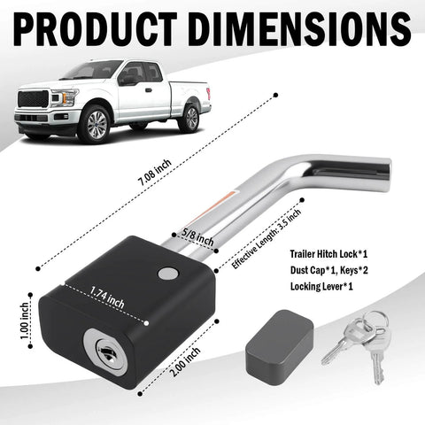 Heavy Duty Trailer Hitch Lock Pin With Five Eighth Inch Locking Lever For Two Inch And Two Point Five Inch Receivers Class III And IV Universal Tow Hitches Lock With Keys 360 Degree Rotatable Anti Theft Design with keys and dust cap.