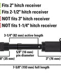 Keyed Alike Five Eighth Inch Trailer Hitch Lock Set With Extra Long Three And A Quarter Inch Span Double Safety Receiver Pin diagram showing dimensions and compatibility with 2 and 2.5 inch receivers.