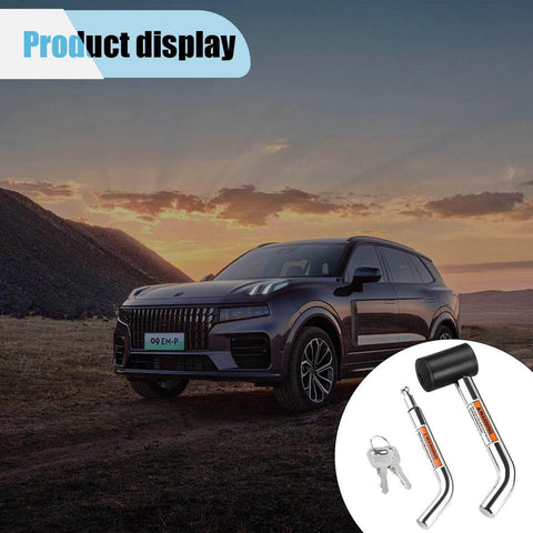 Dual Pin Trailer Hitch Lock With Anti Theft Design For One Quarter Inch Two Inch And Two And A Half Inch Receivers Featuring One Half Inch And Five Eighths Inch Diameter Pins With Three Inch And Three And A Half Inch Reach Fits Class I Through V Hitch displayed next to SUV at sunset