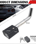 Sturdy Five Eighth Inch Universal Trailer Hitch Lock Kit With Locking Pin And Lever, Keys Included, shown with dimensions and accessories