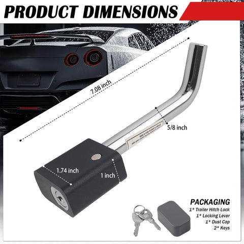 Sturdy Five Eighth Inch Universal Trailer Hitch Lock Kit With Locking Pin And Lever, Keys Included, shown with dimensions and accessories