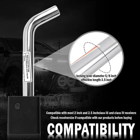 Heavy Duty Trailer Hitch Lock Pin With Five Eighth Inch Locking Lever For Two Inch And Two Point Five Inch Receivers Class III And IV Universal Tow Hitches Lock With Keys 360 Degree Rotatable Anti Theft Design showing locking lever and compatibility features