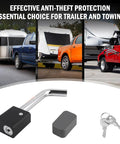 Heavy Duty Trailer Hitch Lock Pin With Five Eighth Inch Locking Lever For Two Inch And Two Point Five Inch Receivers Class III And IV Universal Tow Hitches Lock With Keys 360 Degree Rotatable Anti Theft Design, shown with trucks and trailers
