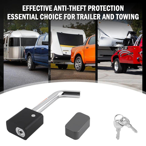 Heavy Duty Trailer Hitch Lock Pin With Five Eighth Inch Locking Lever For Two Inch And Two Point Five Inch Receivers Class III And IV Universal Tow Hitches Lock With Keys 360 Degree Rotatable Anti Theft Design, shown with trucks and trailers