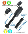 Heavy Duty Trailer Hitch Lock Pin For Class I Through IV Hitches With One Half Inch Pin Diameter And Five Eighth Inch Sleeve Black Nickel Finish, showing lock pin, keys, and sleeve