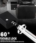 Heavy Duty Trailer Hitch Lock Pin With Five Eighth Inch Locking Lever For Two Inch And Two Point Five Inch Receivers Class III And IV Universal Tow Hitches Lock With Keys 360 Degree Rotatable Anti Theft Design shown in close-up with 360° rotatable lock.