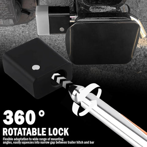 Heavy Duty Trailer Hitch Lock Pin With Five Eighth Inch Locking Lever For Two Inch And Two Point Five Inch Receivers Class III And IV Universal Tow Hitches Lock With Keys 360 Degree Rotatable Anti Theft Design shown in close-up with 360° rotatable lock.