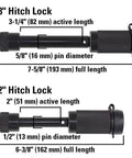 Keyed Alike Trailer Hitch Lock Set With Five Eighths And One Half Inch Pins, Heavy Duty Receiver Locks dimensions and details.