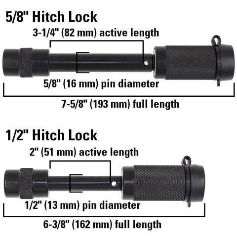 Keyed Alike Trailer Hitch Lock Set With Five Eighths And One Half Inch Pins, Heavy Duty Receiver Locks dimensions and details.