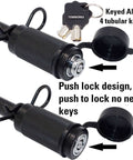 Keyed Alike Trailer Hitch Lock Set With Five Eighths And One Half Inch Pins, Heavy Duty Receiver Locks, black powder coat, keys visible
