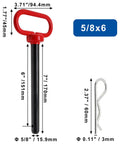 2-Pack Trailer Hitch Pins Five Eighths Inch By Six Inches With Red Handle Clip, Heavy Duty Steel, Black Coated, Dimensions Shown