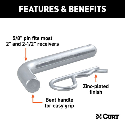 Five Eighths Inch Trailer Hitch Pin And Clip With Easy Grip 105 Degree Bend Fits Two Inch Or Two And A Half Inch Receiver Hitches Zinc Plated