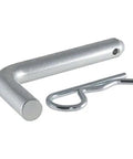 Five Eighths Inch Trailer Hitch Pin And Clip With Easy Grip 105 Degree Bend Fits Two Inch Or Two And A Half Inch Receiver Hitches Zinc Plated For Heavy Duty Towing Class Three Four Five Compatible Durable And Secure, displayed on a white background, highlighting the bend and zinc plating.