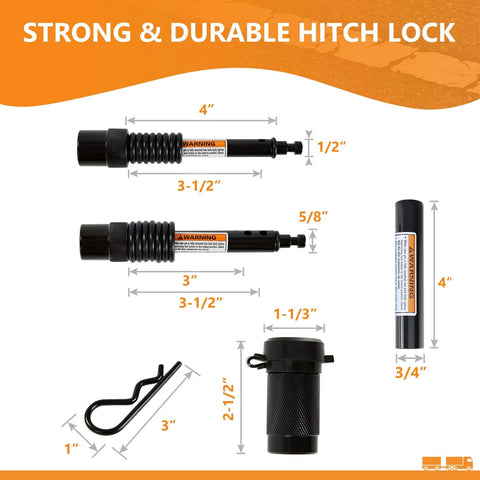 Trailer Hitch Pin Lock Set For 1/2 Inch And 5/8 Inch Pins With Dual Locking System, 4 Inch Span, Includes 3/4 Inch Adapter, Anti Rattle O Rings, Universal Fit For Class I Through V Hitches And 2, 2.5, And 3 Inch Receivers, shown with dimensions