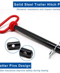 2-Pack Trailer Hitch Pins Five Eighths Inch By Six Inches With Red Handle Clip, heavy duty steel, black coated with R-clips