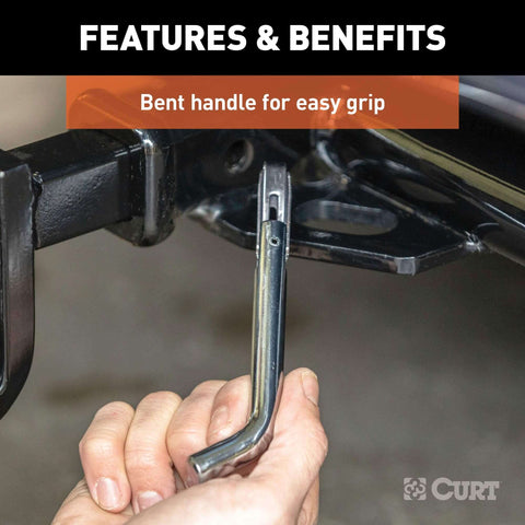 Swivel Trailer Hitch Pin With Integrated Clip One Half Inch Diameter With Five Eighths Inch Adapter Fits One And One Quarter Inch Or Two Inch Receiver Hitches Clear Zinc Finish No Clip Needed Built Tough And Durable Easy To Install And Use shown installed in hitch receiver with bent handle visible for grip