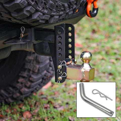 4 Pack Five Eighths Inch Trailer Hitch Pins With Safety Clips installed on vehicle's hitch, alloy steel, 2 in receiver