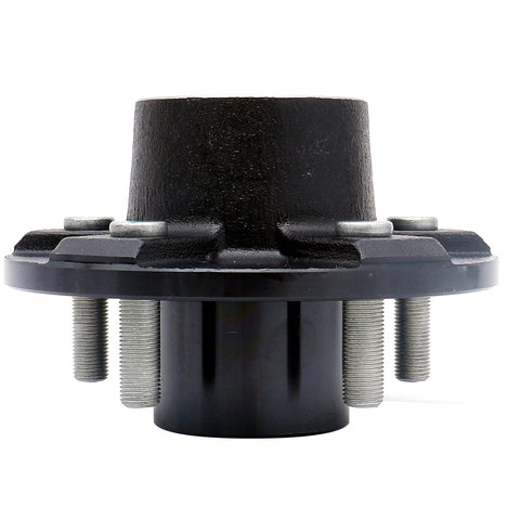 Trailer Hub Assembly For A 4 1/2 Inch Circle, 5 Bolt Pattern With 1 3/8 To 1 1/16 Inch Tapered Spindle, Includes L44649/10 Outer Bearing And L68149/11 Inner Bearing, Seal, Dust Cap, Lug Nuts And Castle Nut, Ready To Bolt In By UCUT, front view.