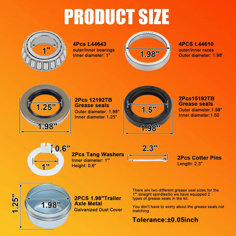 Trailer Hub Bearing Kit For 1 Inch Spindle Trailers With D Type Axles BT9 EZ Lube L44643 L44610 Bearing Kit sizes and details