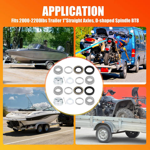 Visual application of Trailer Hub Bearing Kit For 1 Inch Spindle Trailers With D Type Axles BT9 EZ Lube L44643 and accessories.