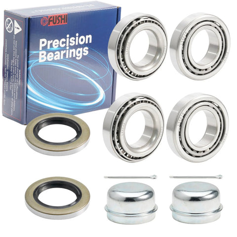 Complete trailer wheel hub bearing kit for 1.0625 inch axles with seals, showing 4 bearings, 2 seals, cotter pins, and dust covers.
