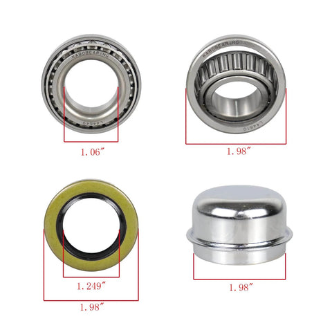 2 Set Trailer Wheel Hub Bearing Kit For 1-1/16 Inch Axles Includes L44649 ID 1.0625 Inch Bearings And L44610 OD 1.9800 Inch Bearings 12192TB ABEC-3 Seals With Dust Covers And Cotter Pins Featuring 4 L44649 Bearings 4 L44610 Bearings 2 Dust Covers And 2