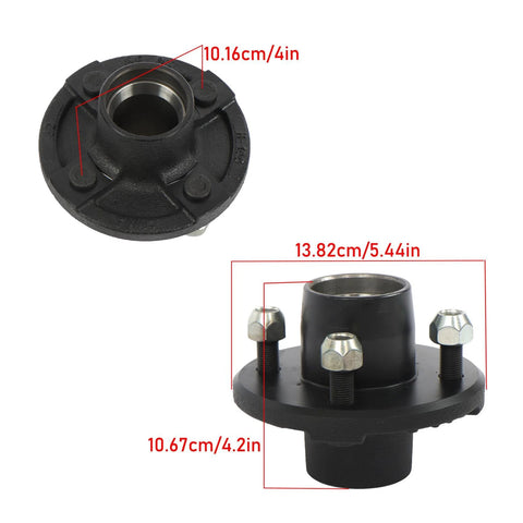 Two Pack 4 On 4 Inch Trailer Hub And One And One Sixteenth Inch Square BT16 Spindle Bearing Kit with measurement details