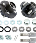 Trailer Hub Kit With Four Bolt Pattern And Four Inch Hub Assembly Including Square Shaft Straight Spindle And L44649 Inner And Outer Bearings With Seal Dust Cap Lug Nuts Castle Nut Washer Cotter Pin And All Hardware Set Of Two UCUT, showing all components