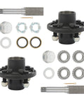 Complete two pack 4 on 4 inch trailer hub and one and one sixteenth inch square BT16 spindle bearing kit with components.